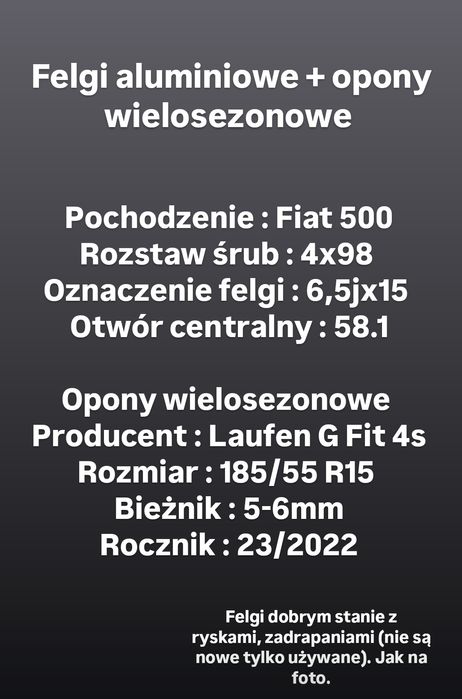 Koła całoroczne Fiat 500 4x98 185/55 R15 alufelgi Panda