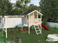 Drewniany domek ogrodowy dla dzieci ze zjeżdżalnią i huśtawkami Toby