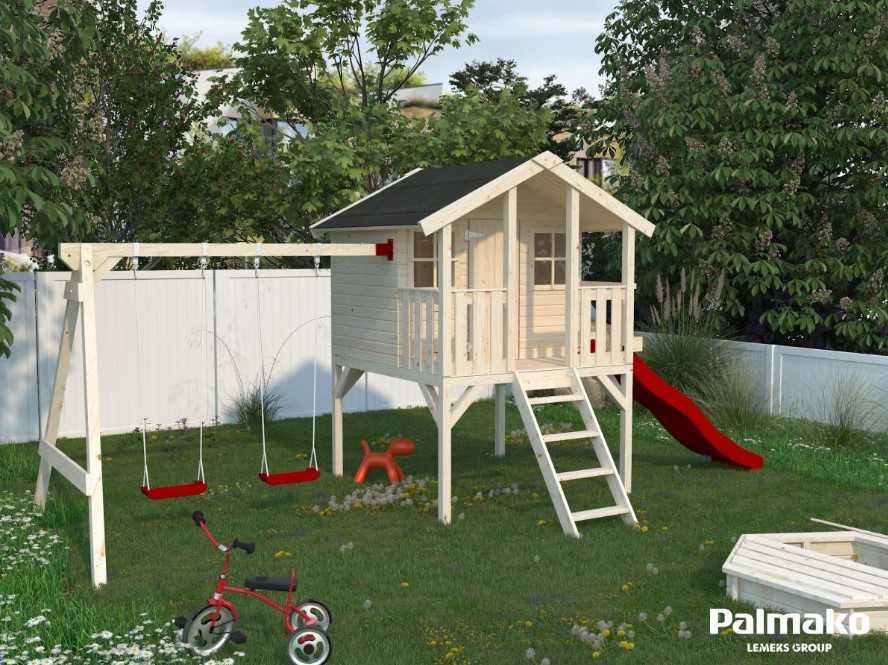 Drewniany domek ogrodowy dla dzieci ze zjeżdżalnią i huśtawkami Toby
