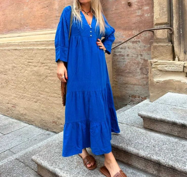 Zara kobaltowa dluga maxi boho sukienka len wiskoza