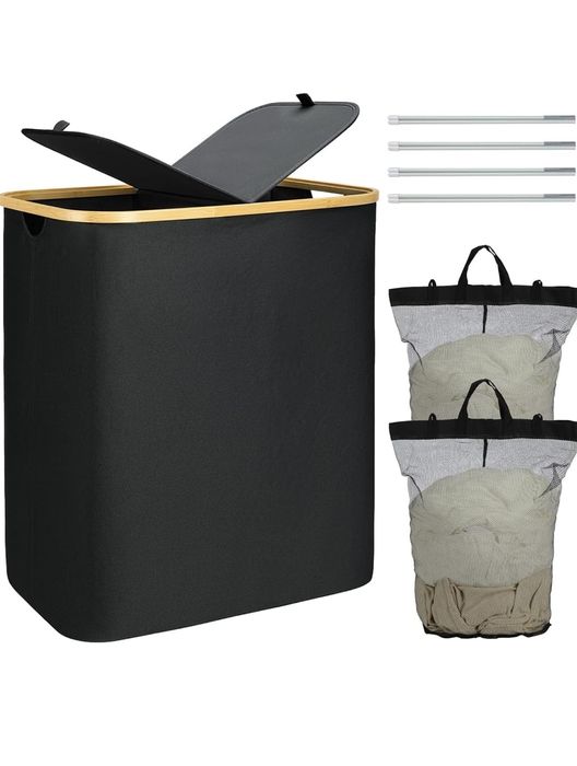 Kosz na pranie z pokrywą,2-częściowy z wyciąganymi torbami 140l