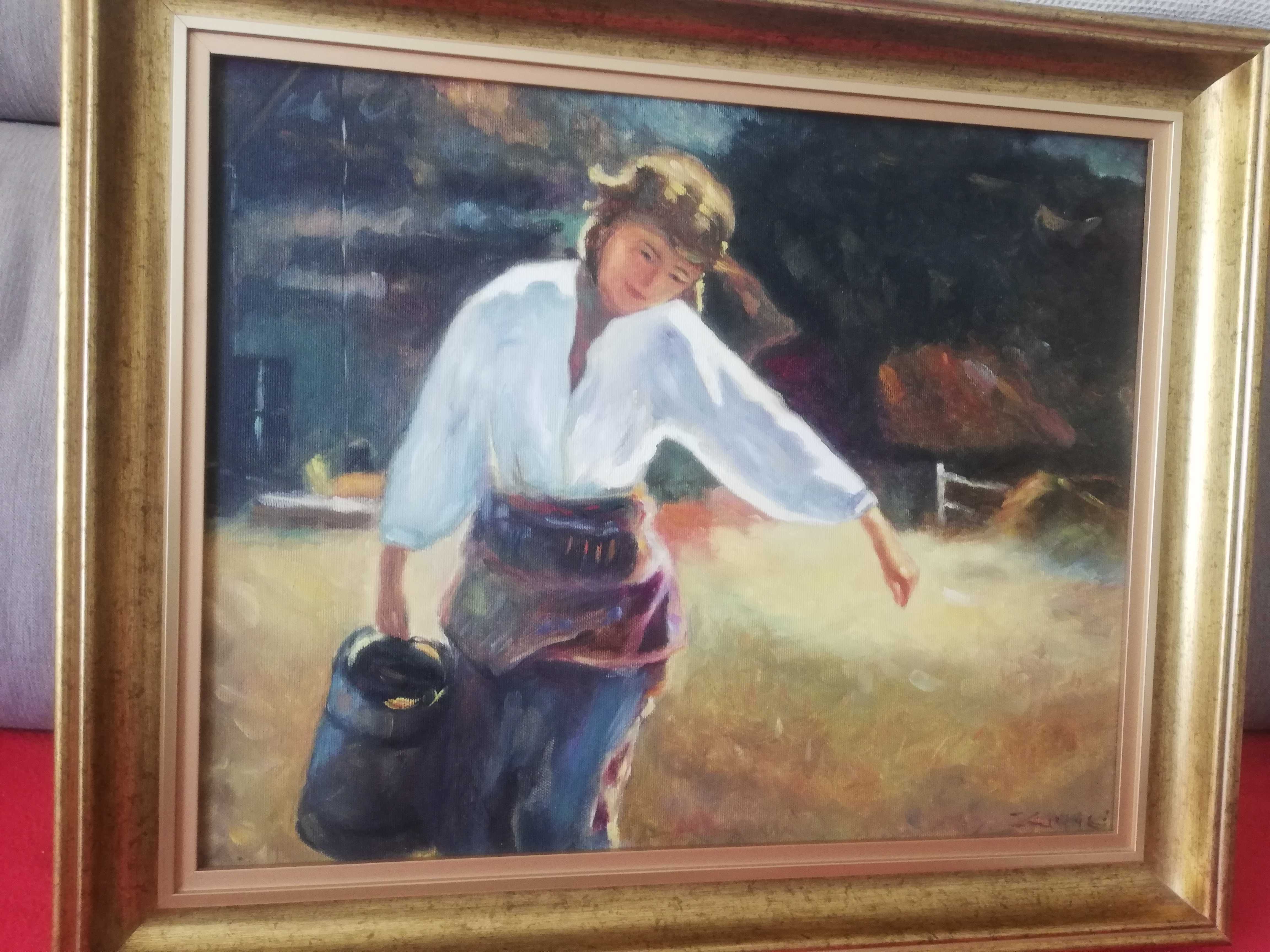 Scena rodzajowa 60x50 obraz olejny w złotej ramie Dziewczyna z dzbanem