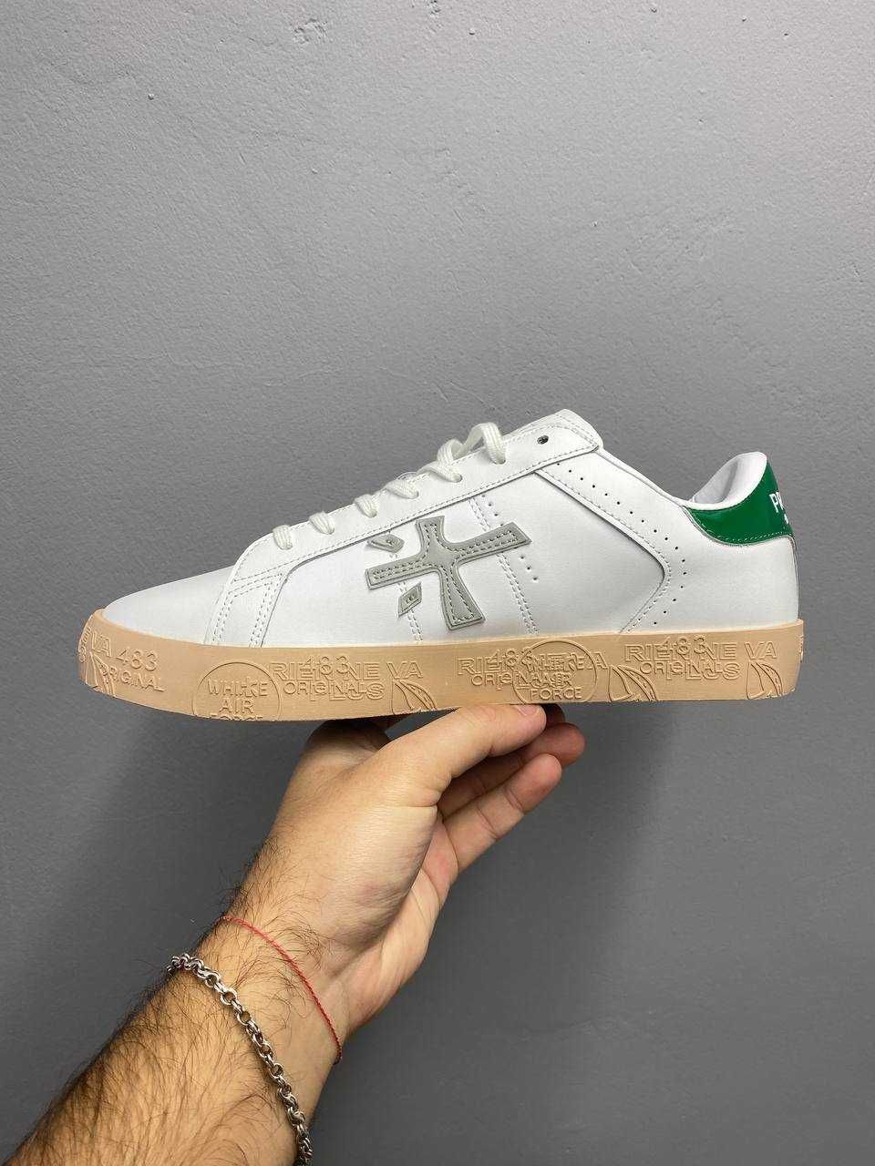 Кеди Premiata Steven White Beige Green / кеди Преміата Стівен білі
