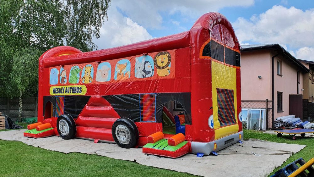 Dmuchany Autobus dmuchaniec plac zabaw zjeżdżalnia zamek tor przeszkód