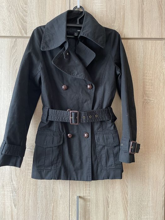 H&M ciepły płaszcz trencz czarny r. 34/36