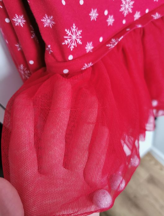 Sukienka świąteczna 92, czerwona, bałwan, pompony, tiulowa