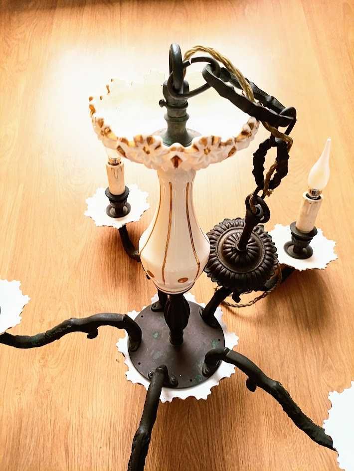 Candeeiro vintage de teto 5 lumes bronze latão e vidro leitoso