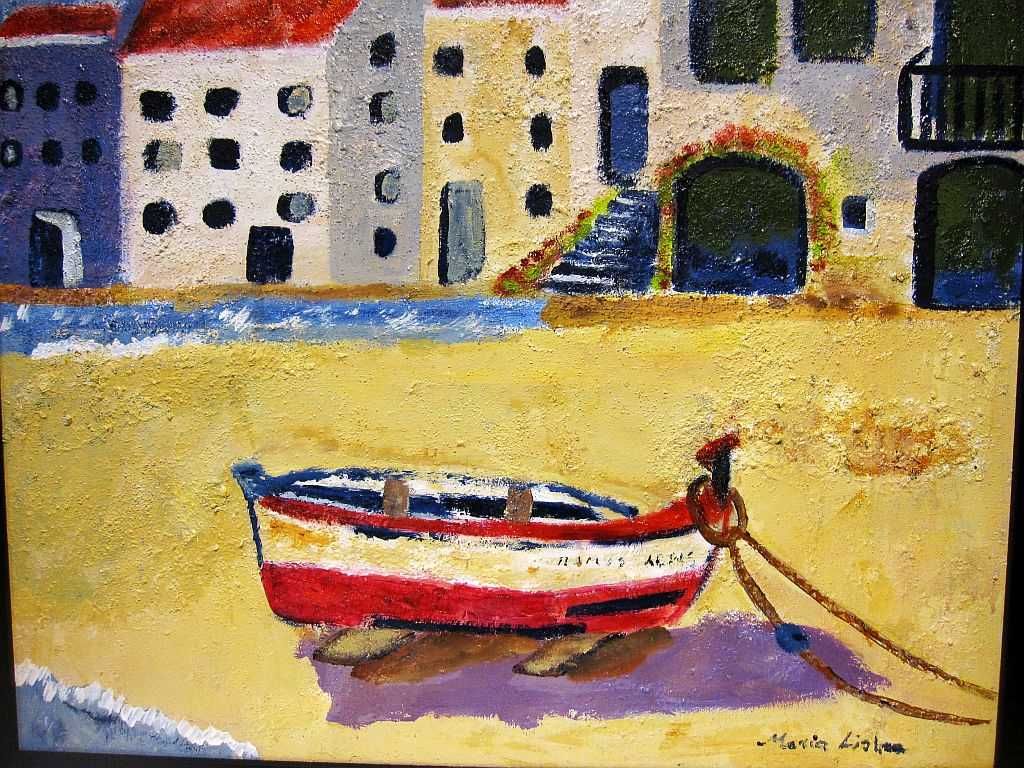 paisagem com barco - pintura em óleo com areia - assinada MARIA LISBOA