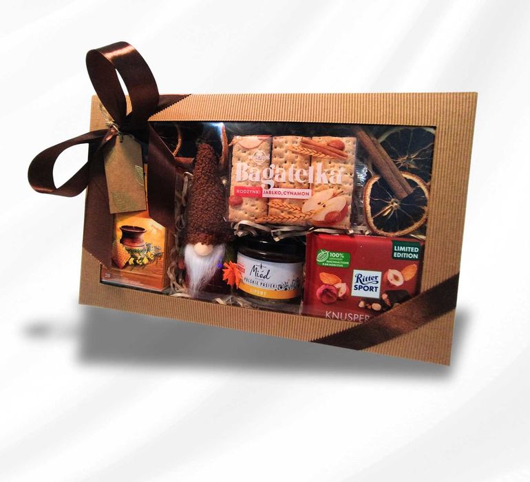 Zestaw prezentowy Jesień  miód krasnal herbata cynamon czekolada