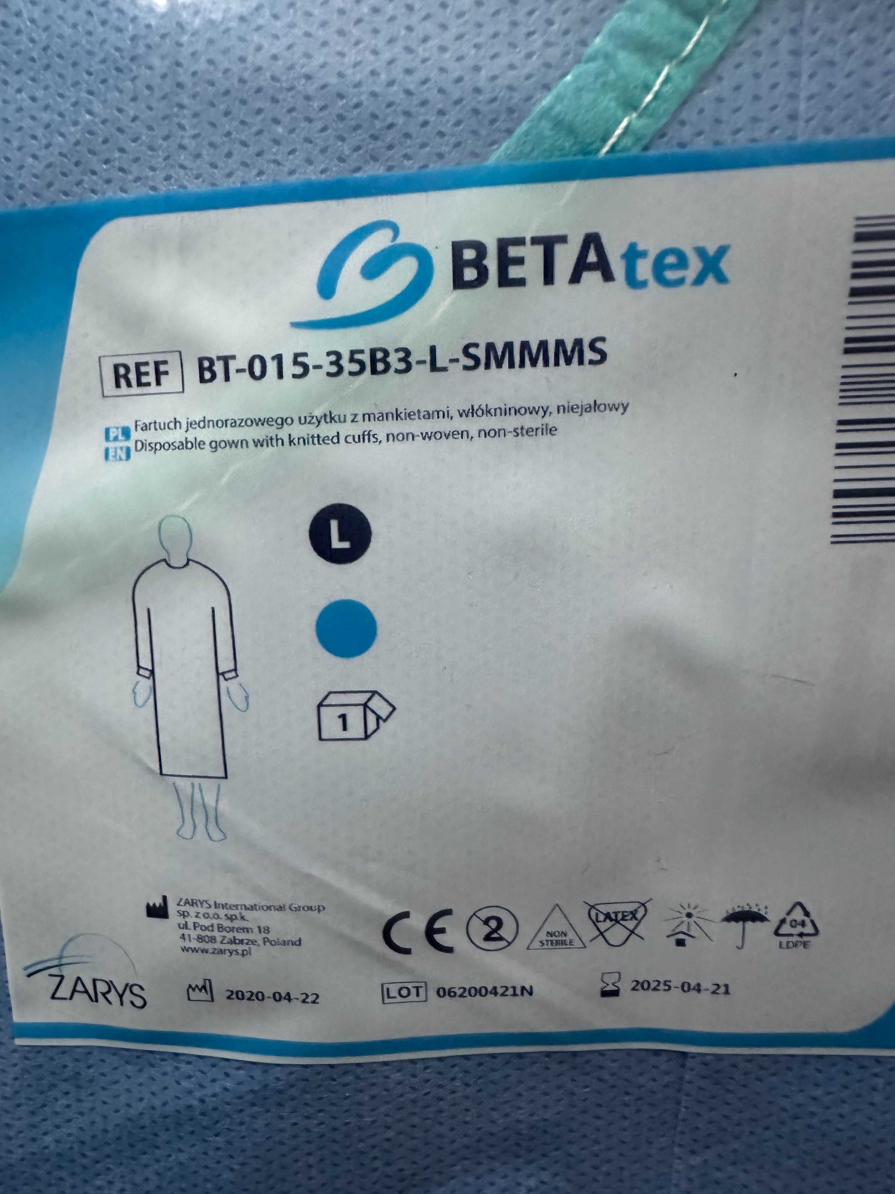 Fartuch jednorazowy Beta Tex Zarys, rozmiar  L, włóknina SMMMS, unisex