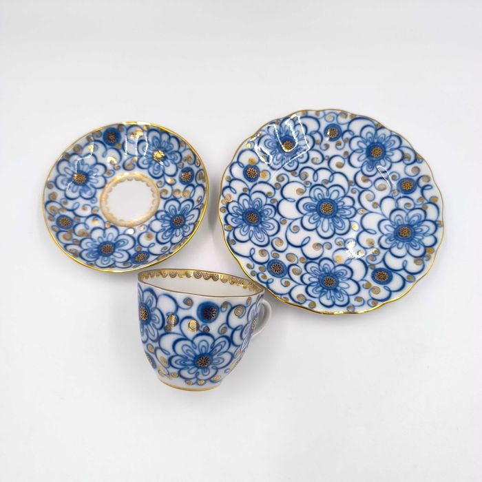 Łomonosow Trio Filiżanka Podstawek Spodek Talerzyk Porcelana Kobalt