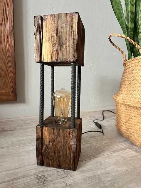 Lampa loft drewniana vintage 42 cm – stojąca, industrialna, LED