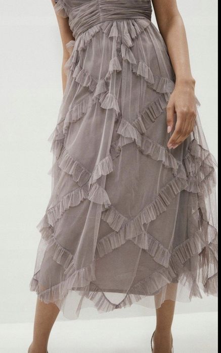 COAST koktajlowa sukienka tiulowa midi zgaszony róż falbanki r. 44-46