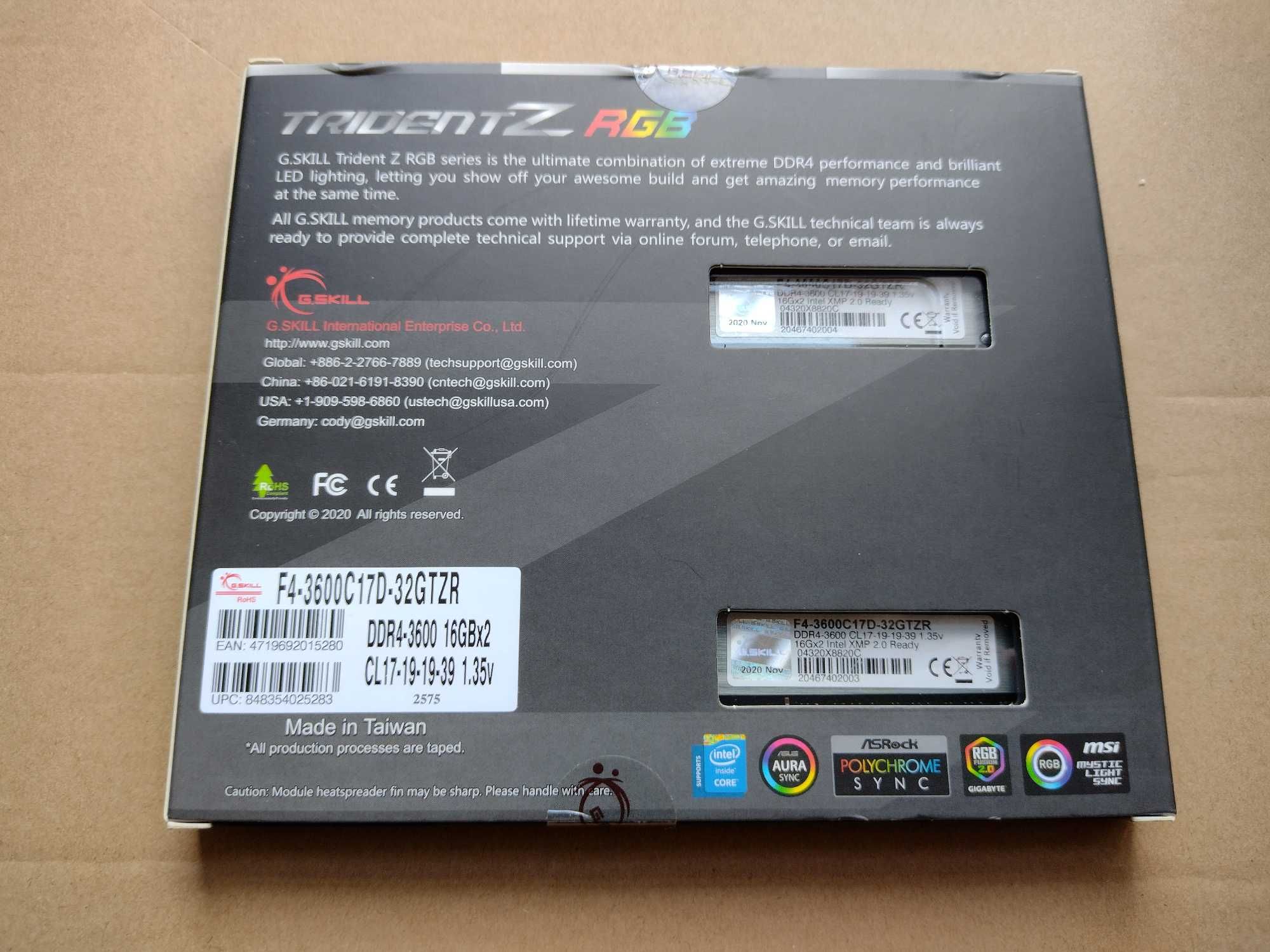 Pamięć RAM G.Skill Trident Z RGB 32GB(2x16GB]DDR4 3600MHz NOWE Zamiana