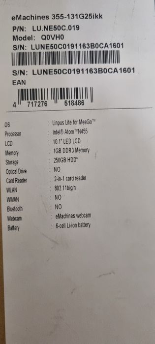 Продам нетбук eMachines 355-131G25ikk