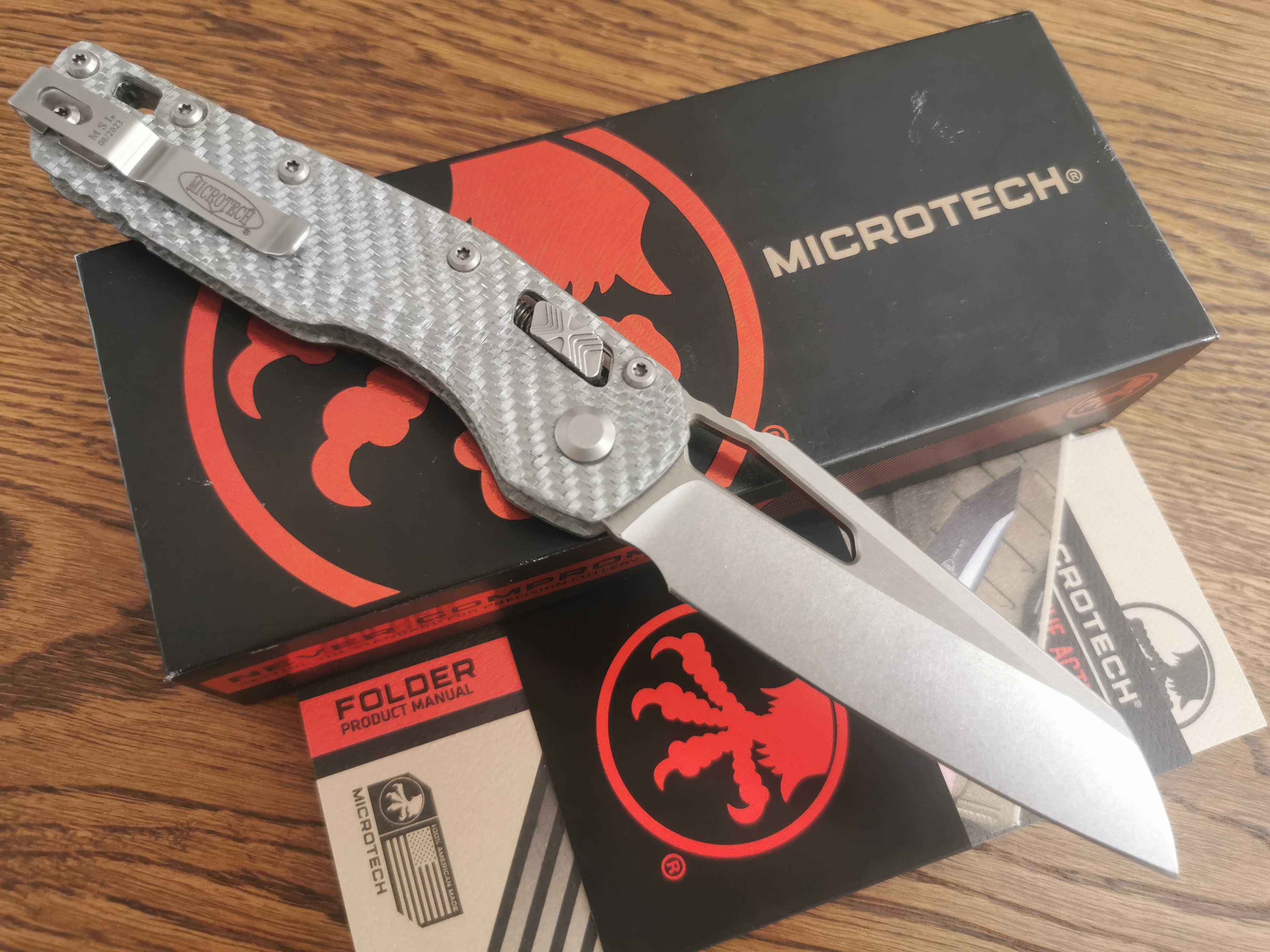 Nóż Microtech MSI z customowymi okladkami Silver twill