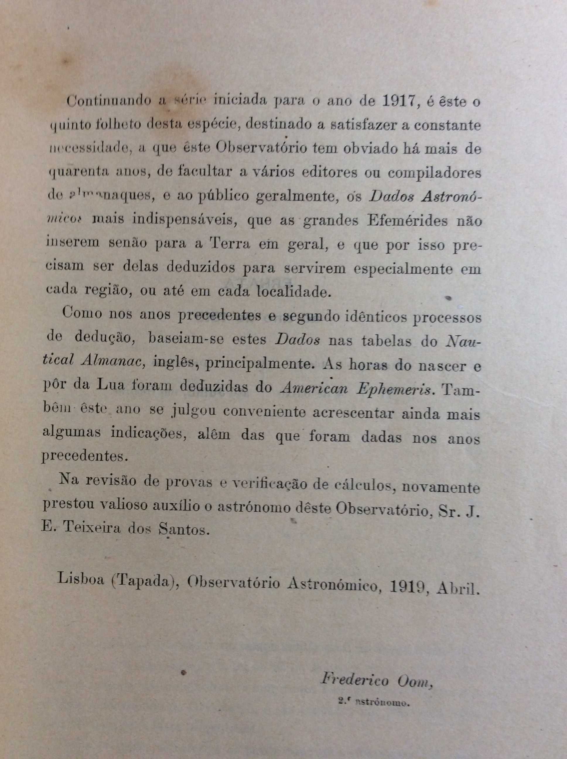 Dados astronómicos para os almanaq. de 1921 para Portugal. Ver índice