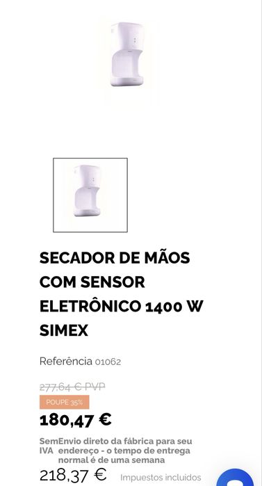 Secador mãos NOVO sensor eletrônico  1400 W SIMEX