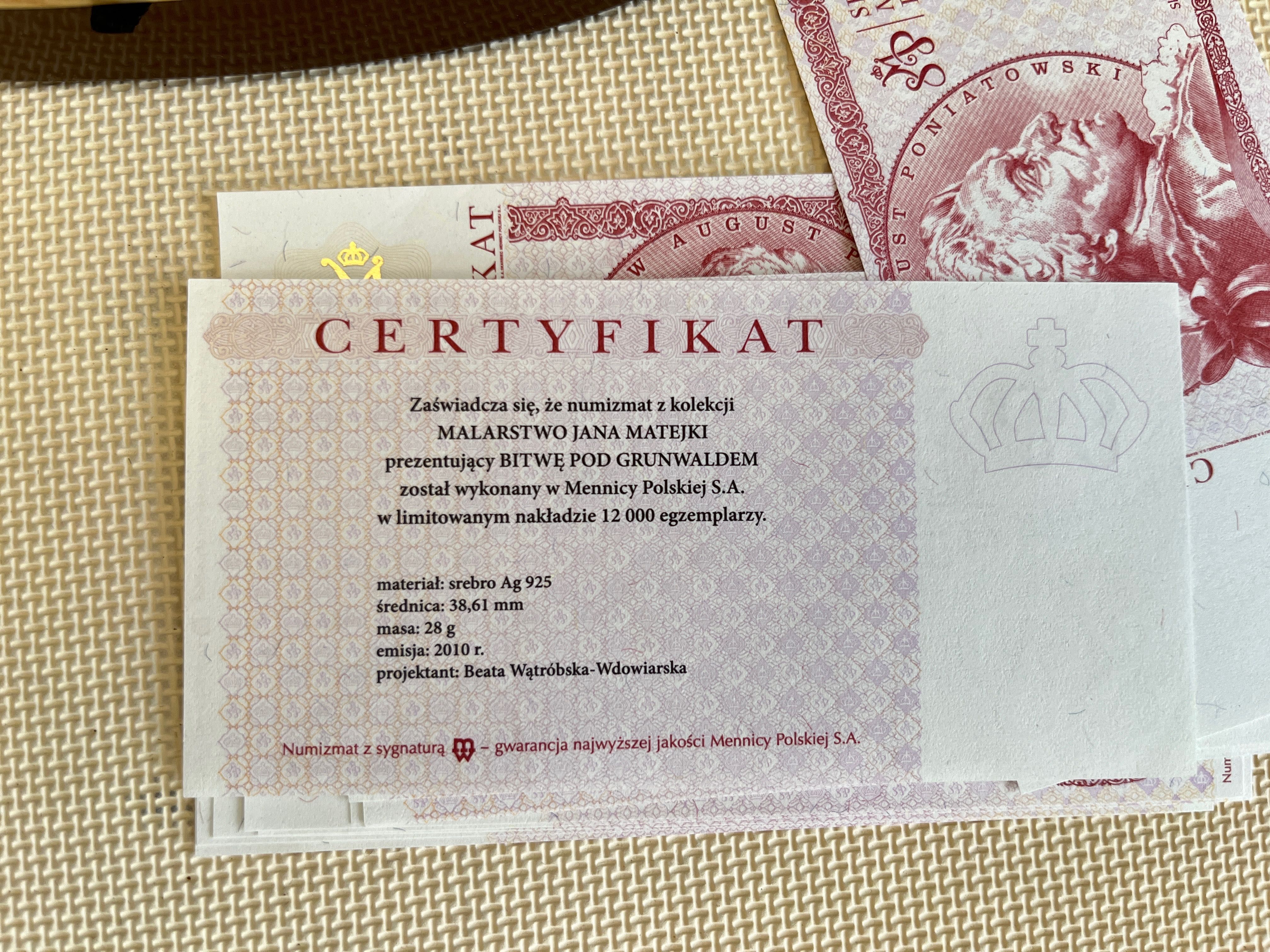 Kolekcja monet Malarstwo Jana Matejki certyfikaty