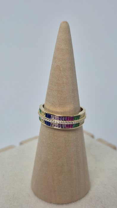 Nowy złoty pierścionek obrączka kolorowe cyrkonie okazały p. 585