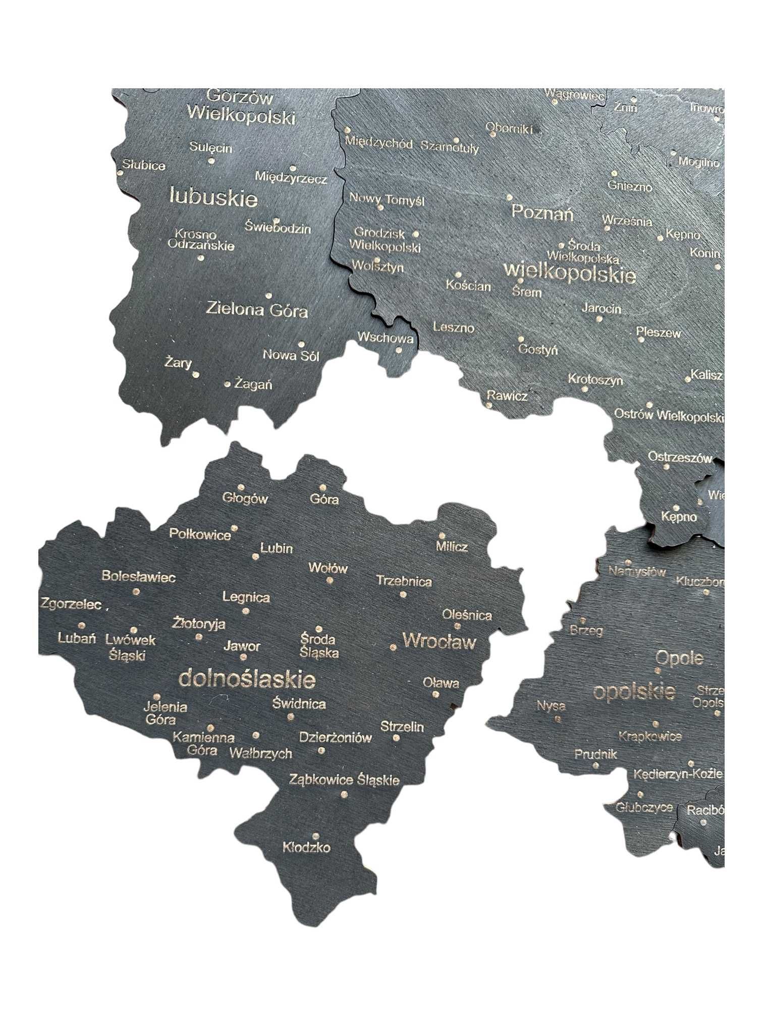 Drewniana nowa mapa Polski czarna, województwa 100 cm