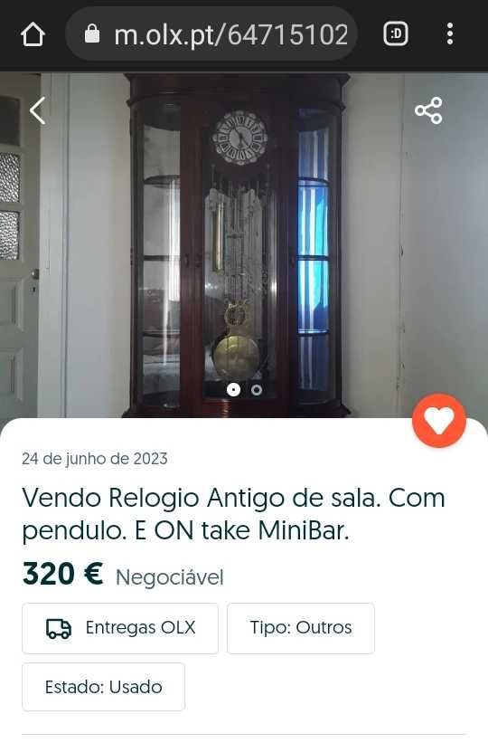 Vendo Relogio Antigo de sala. Com pendulo. E ON take MiniBar.