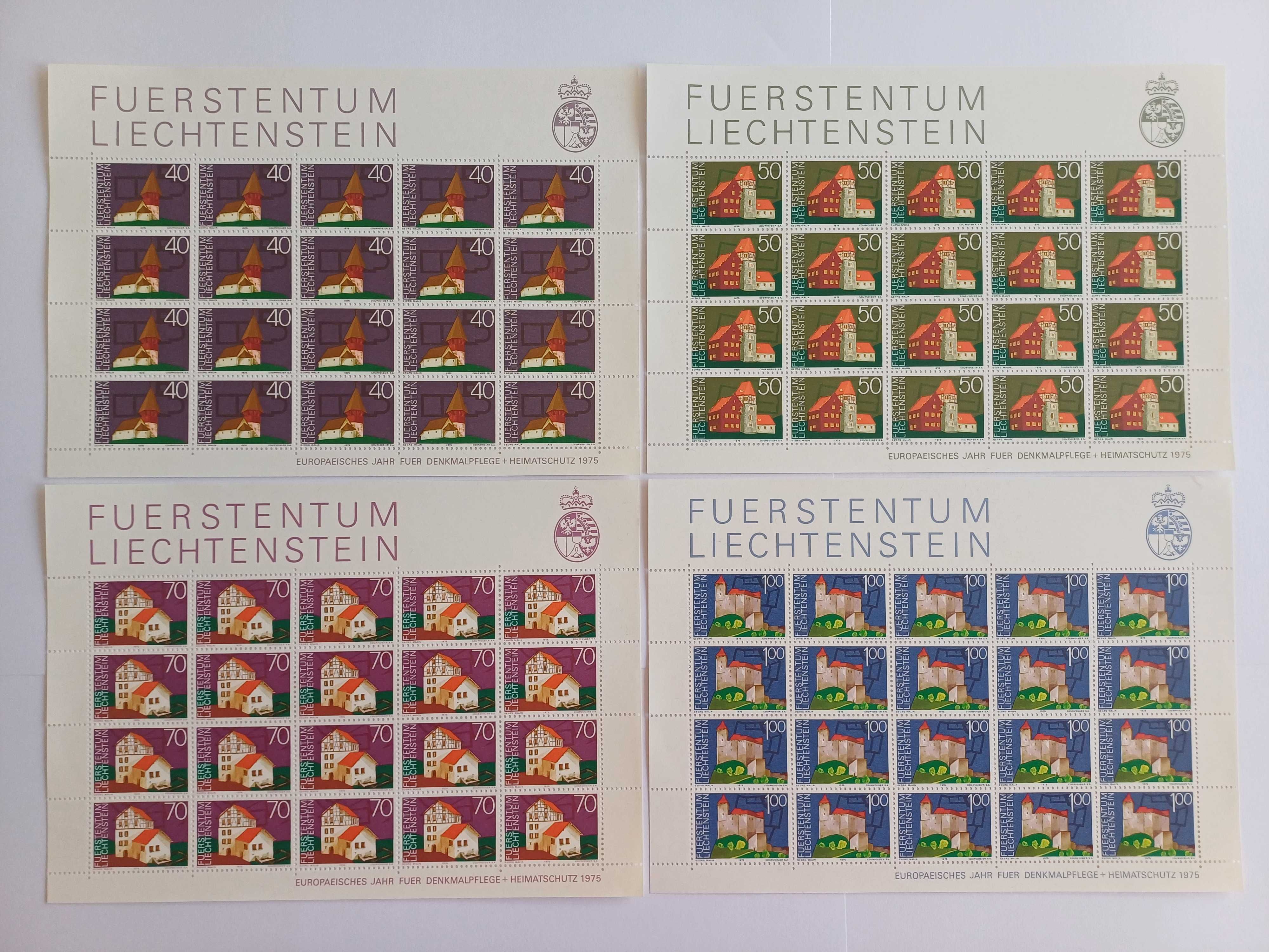 Filatelia 4 folhas Liechtenstein, Ano europeu património arquitet 1975