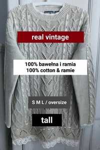 S M L oversize tall sweter vintage perełki hafty 100% bawełna ramia