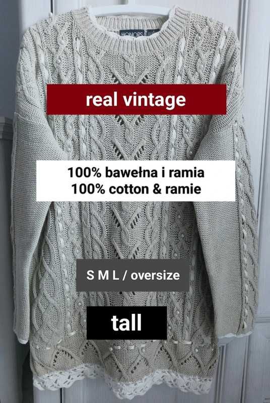 S M L oversize tall sweter vintage perełki hafty 100% bawełna ramia