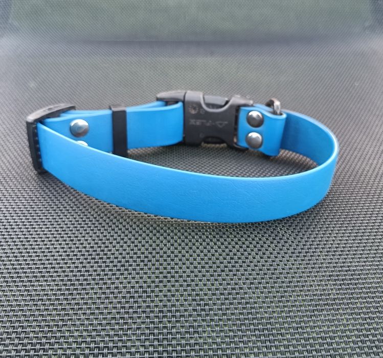 Wodoodporna, niebieska obroża z czarną klamrą zatrzaskową Hauka.dog