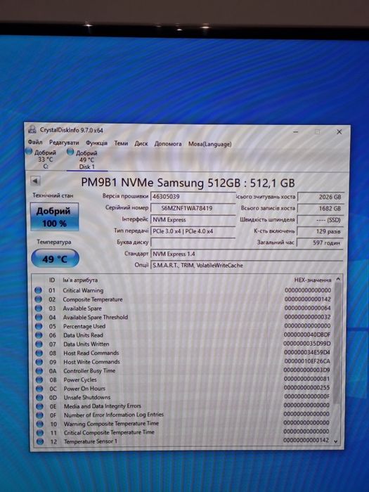 SSD диск 512Gb Samsung PM9B1 Nvme PCIe Gen4x4 M.2 2230  (Smart 100%)