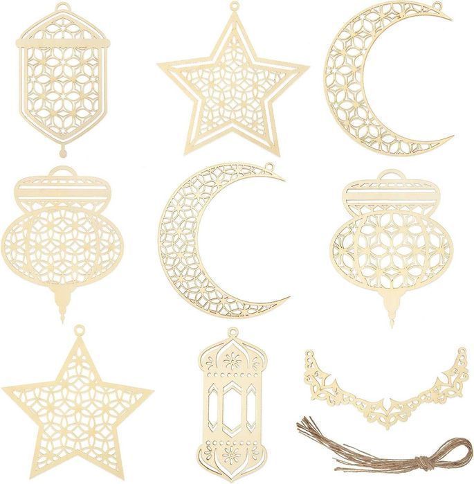 9 Sztuk Drewnianych Ozdób Ramadan Kareem, Dekoracje Wiszące, Białe