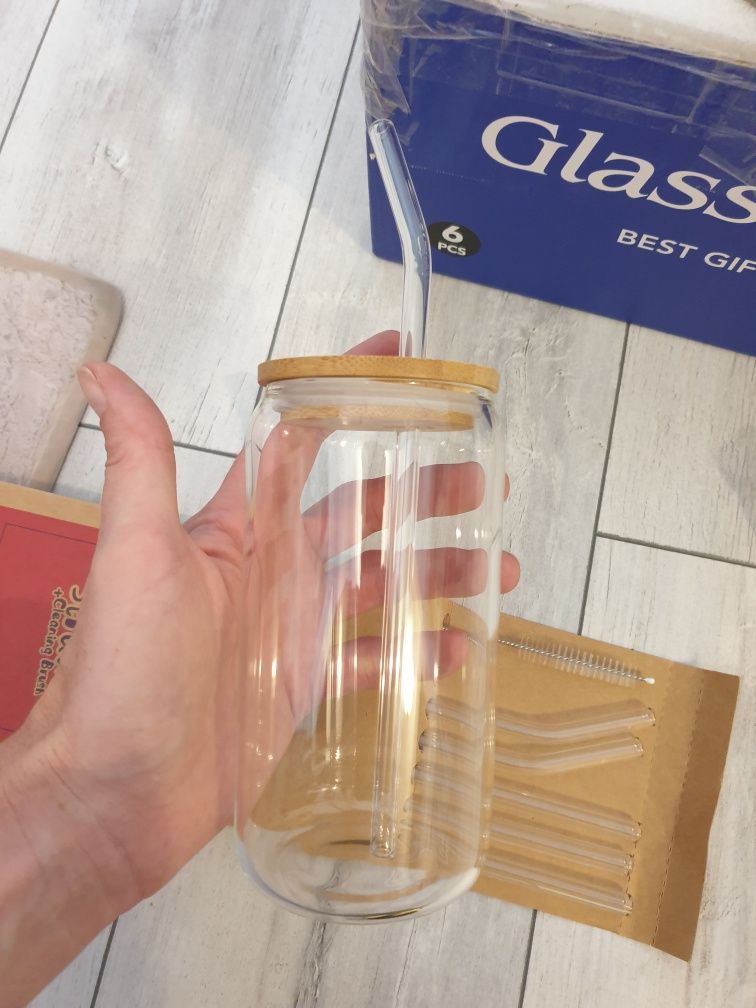 Szklane pojemniki pojemnik szklanka ze slomka zestaw