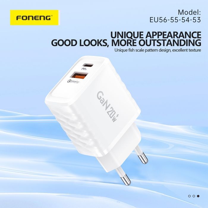 Foneng Ładowarka Sieciowa Eu56 Gan - Usb + Typ C - Qc 3.0 Pd 20W Biała