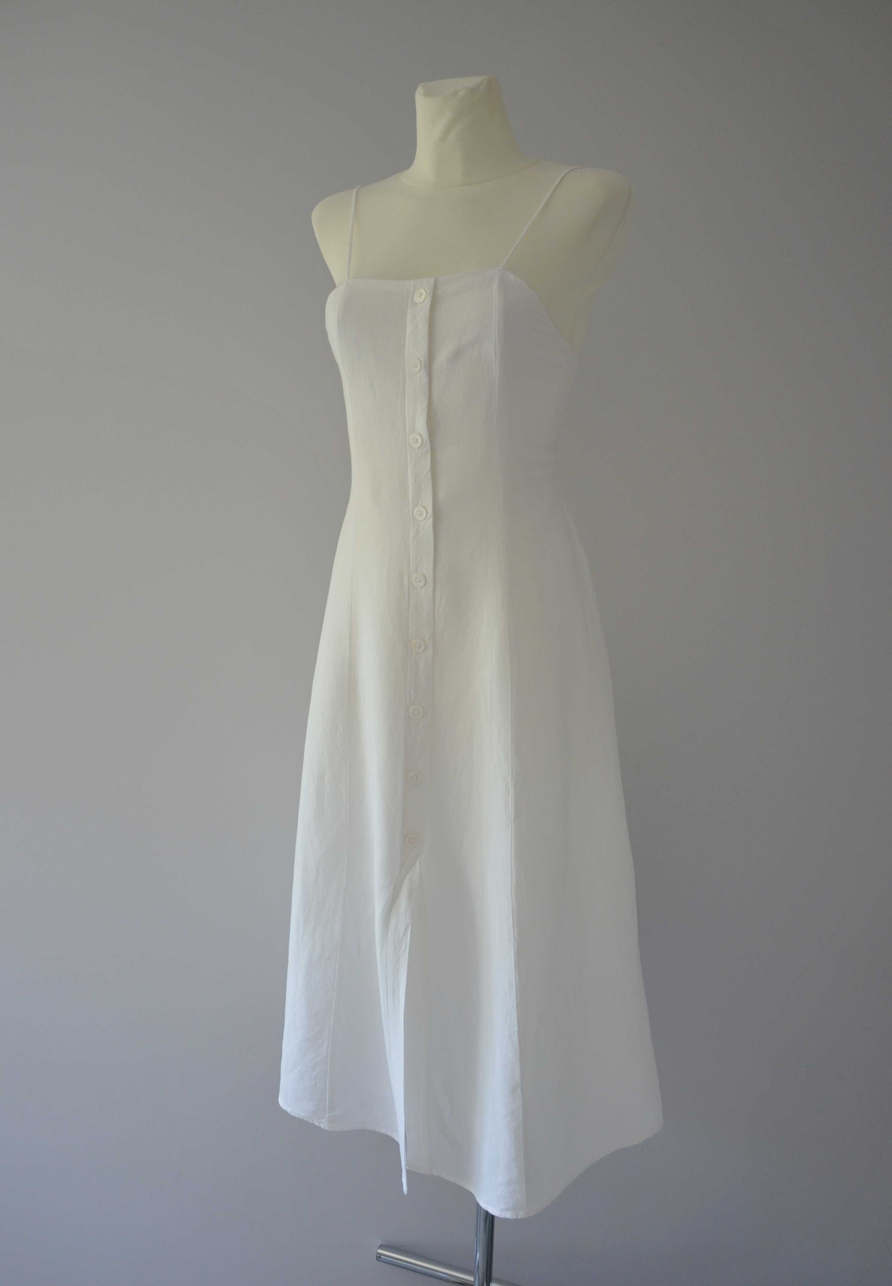 Oysho długa biała lniana sukienka len linen old money style 36 S