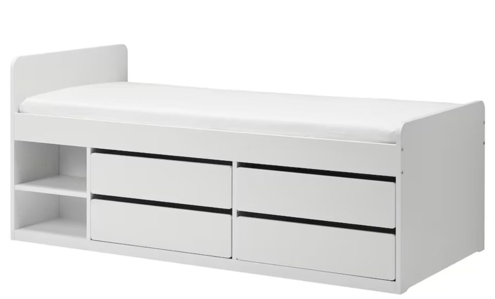 SLÄKT Estrutura cama com arrumação + estrado ripas, branco, 90x200 cm