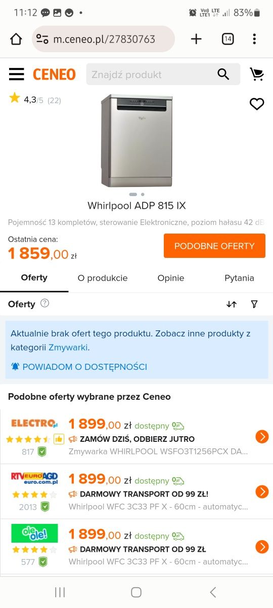 Zmywarka whirpool 60 cm ADP 815  IX idealna okazja