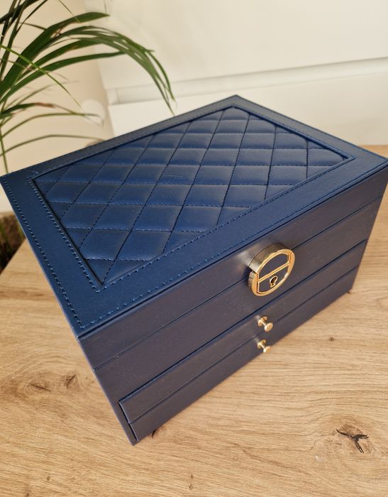 Granatowy luksusowy elegancki kuferek na biżuterię duży