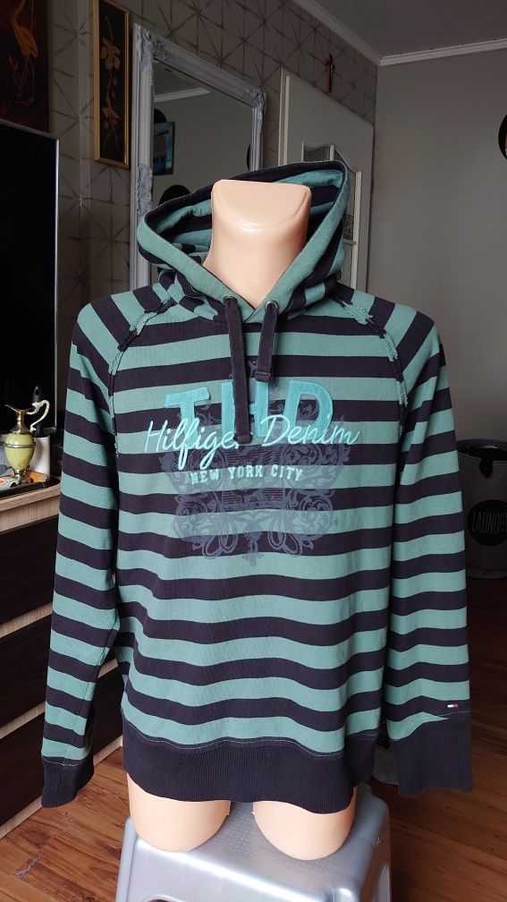 Bluza męska z kapturem Tommy Hilfiger denim L w paski zielona