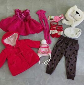 Sukieneczka różowa,kurteczka,płaszczyk,czapki r.62-68,3-6m