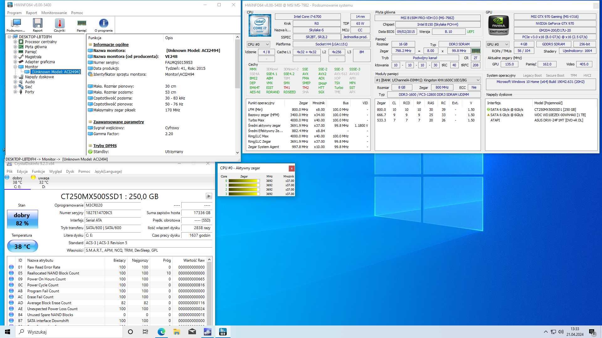 Komputer stacjonarny Intel Core I7-6700 MSI GTX970 + monitor