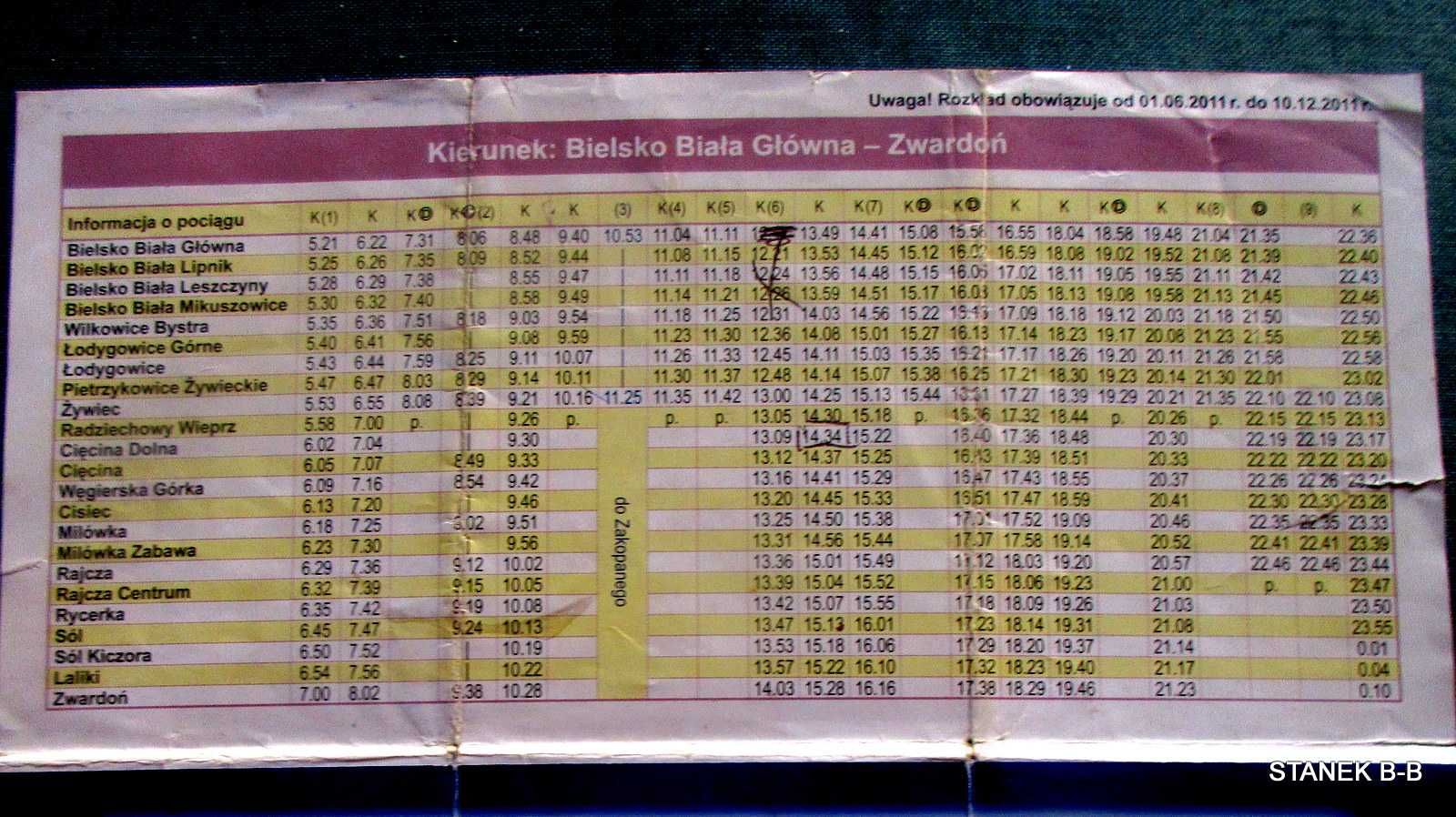 PKP Bielsko Biała do Zwardonia rozkład jazdy 2011 rok