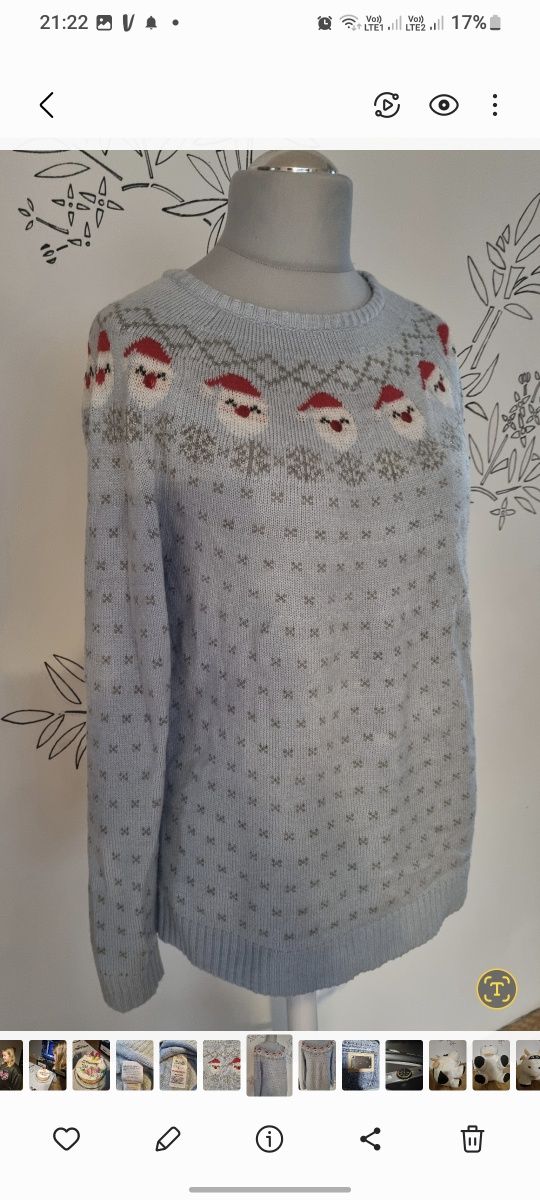 Sweter świąteczny L damski sweterek niebieski mikołaje błękitny