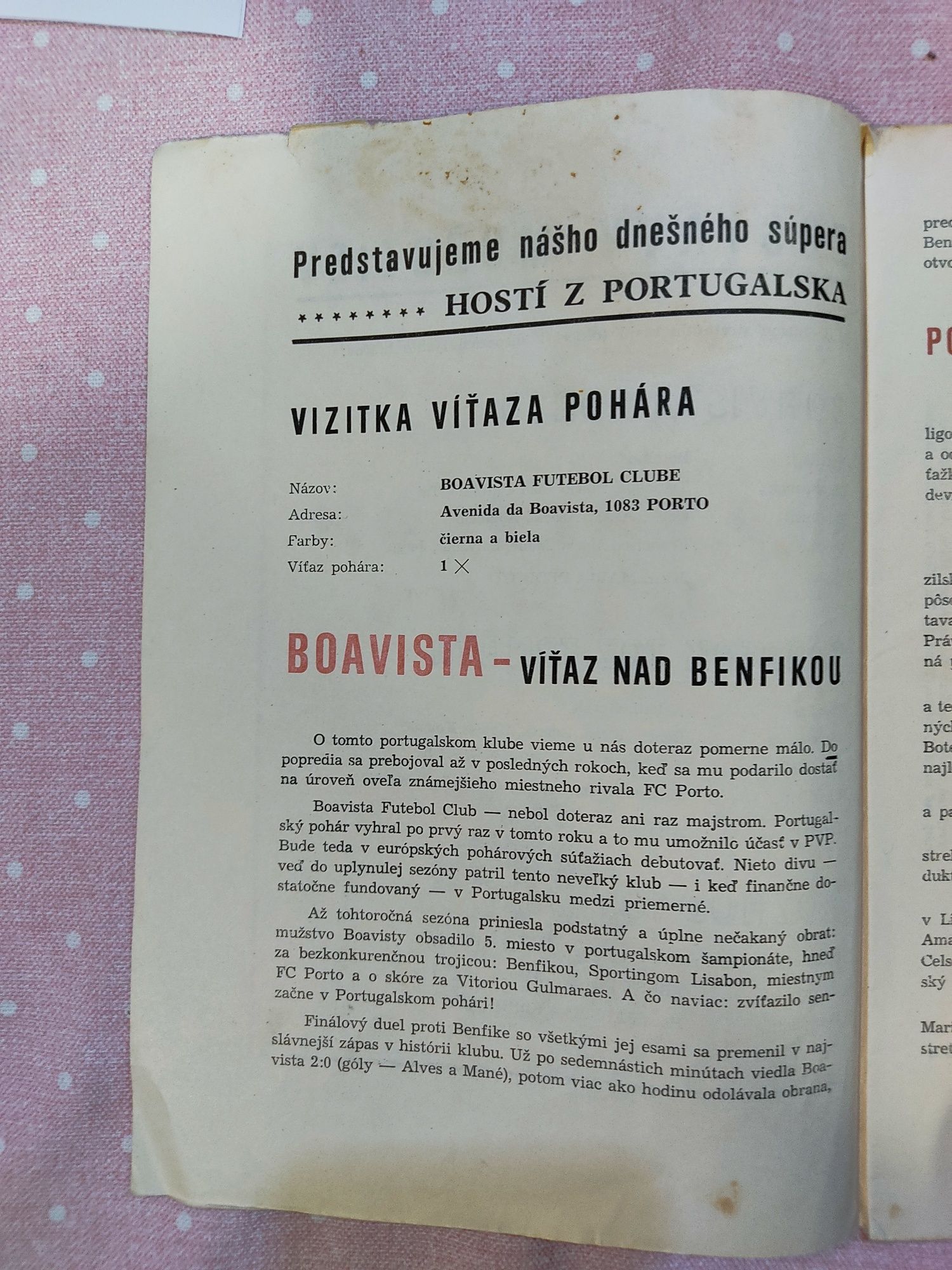 Programa de jogo Spartak Trnava Boavista taça de taças 1975/76