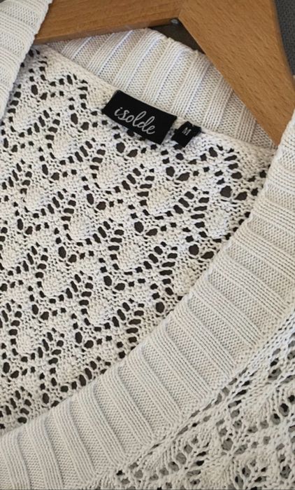 Bialy azorowy sweter karfigan Isolde 38-40 letni bawelna