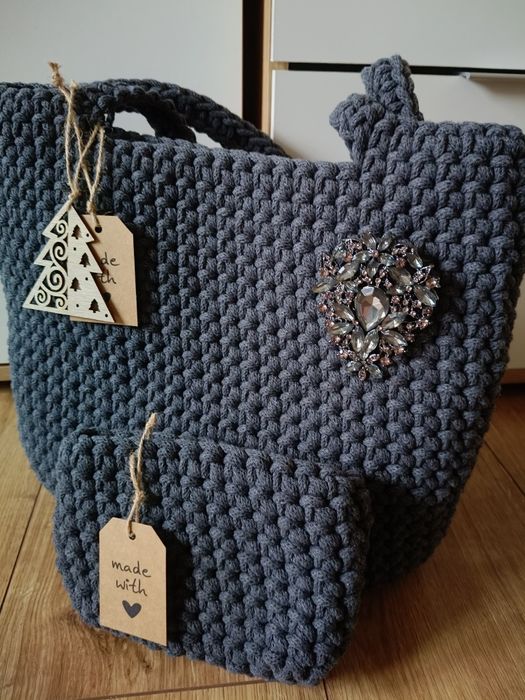 Zestaw torebka kosmetyczka na prezent święta ze sznurka handmade szara