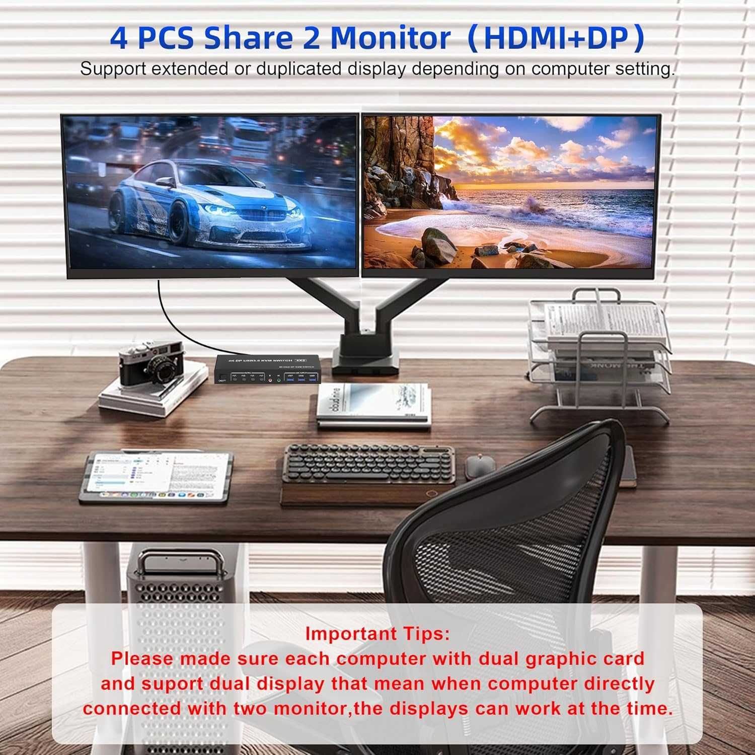 USB 3.0 4 port HDMI + Displayport KVM Switch Dual Monitor, 4K 60Hz