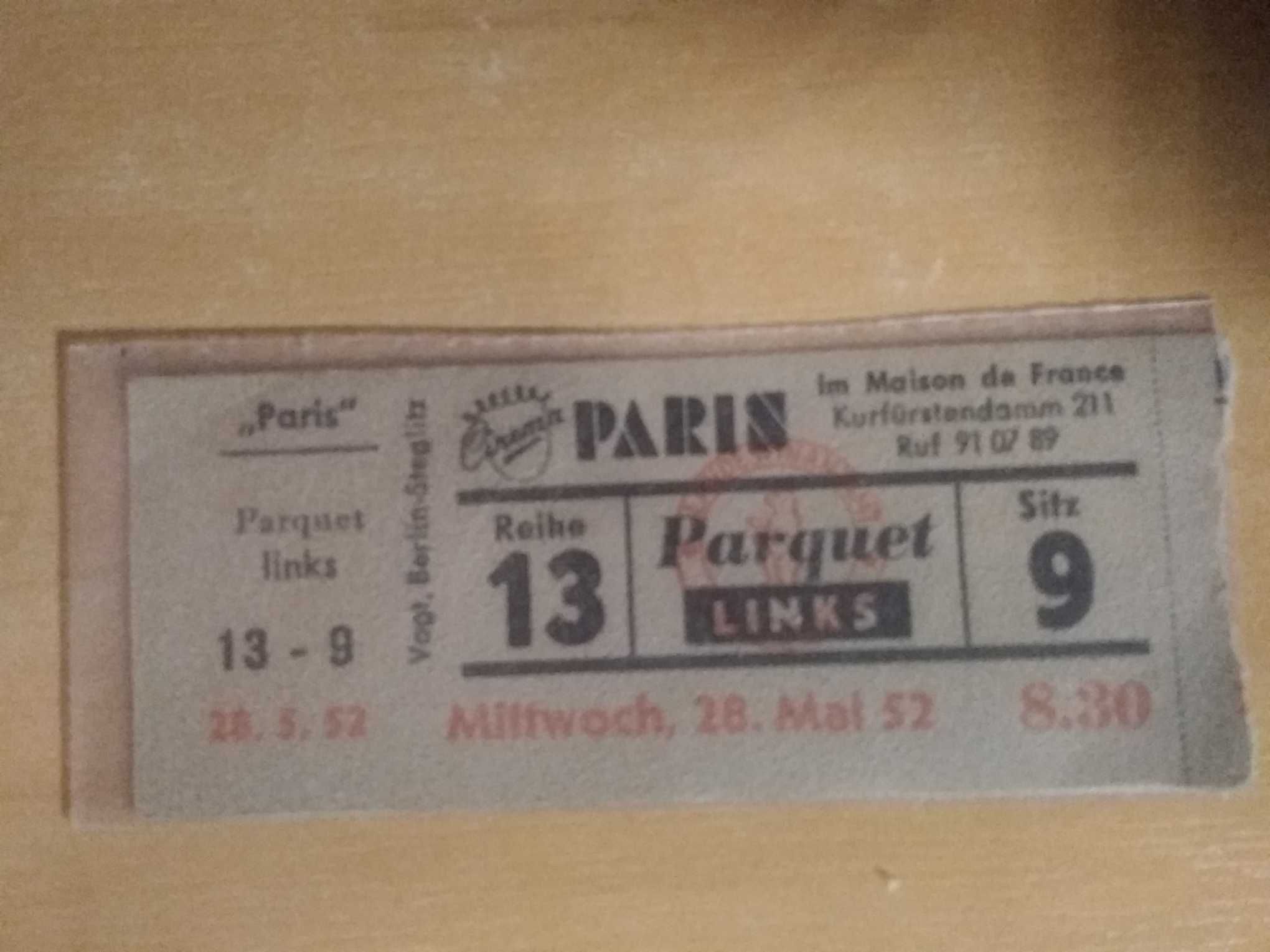 Bilet do kina Paris z 28.05.1952 środa