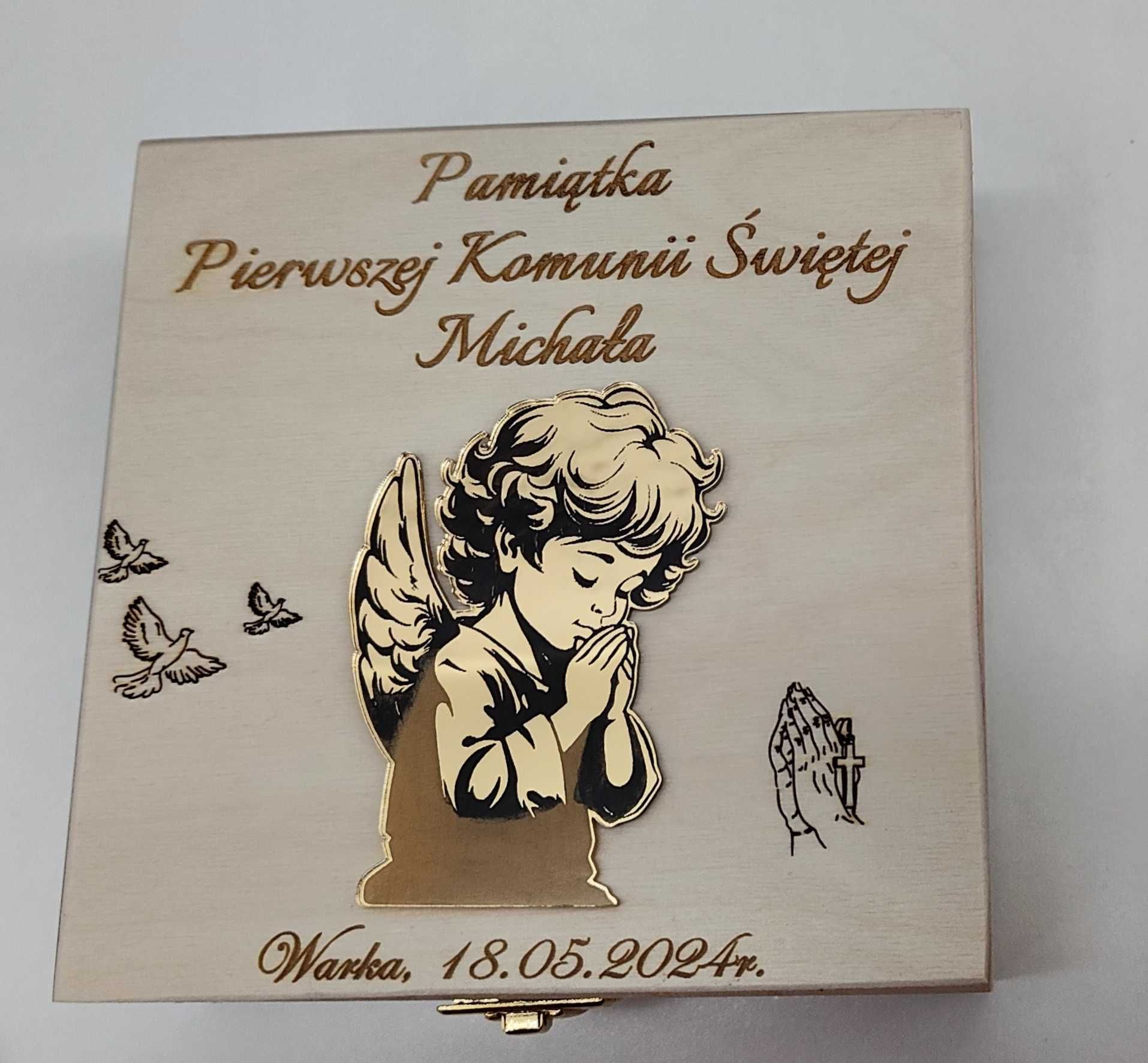 Pudełko box komunia grawerowane złote srebrne lustro 16x16x6,5cm