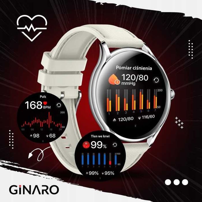 Smartwatch damski złoty zegarek elegancki kroki zdrowie pomiary muzyka